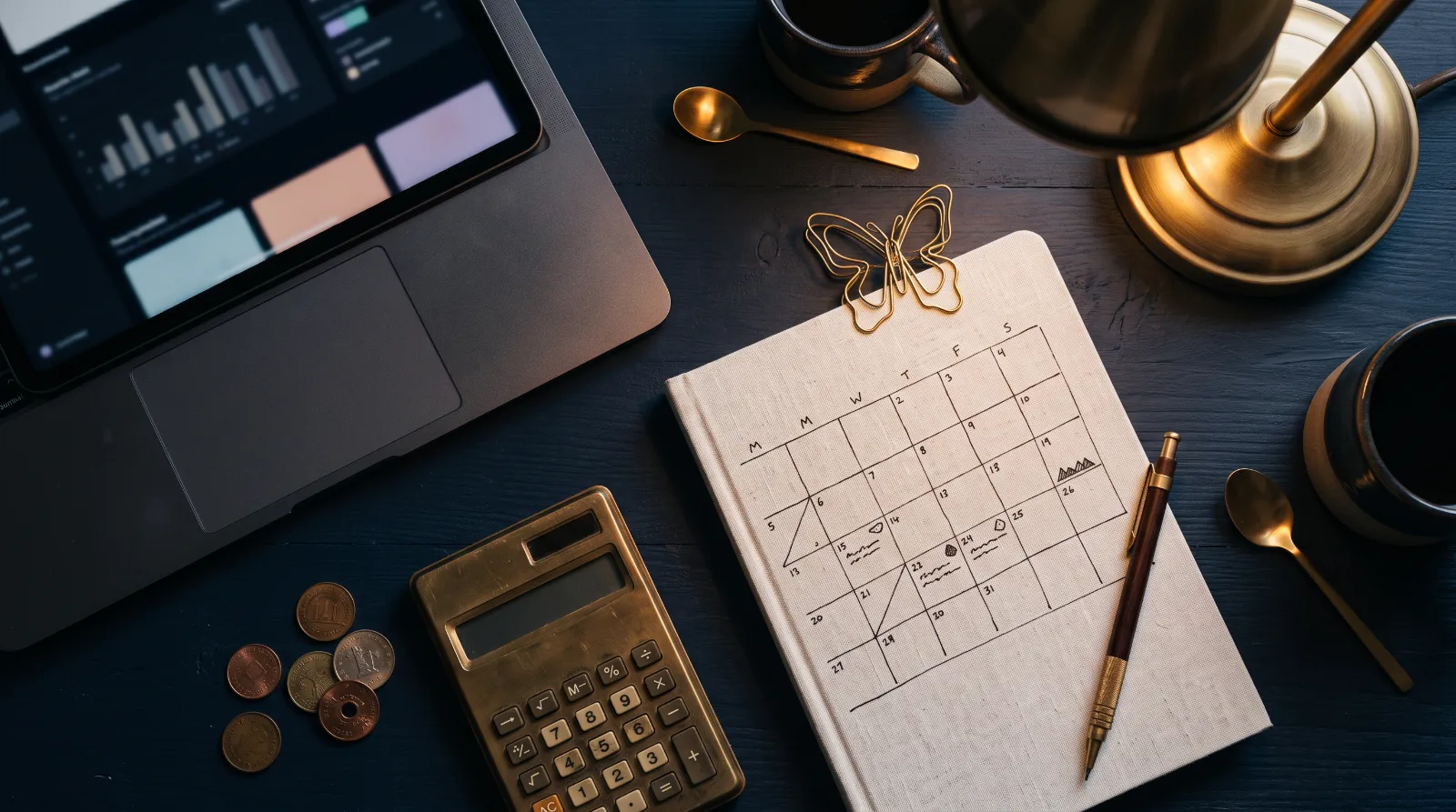 Notebook with a hand-drawn monthly calendar, coins and a calculator on a navy desk