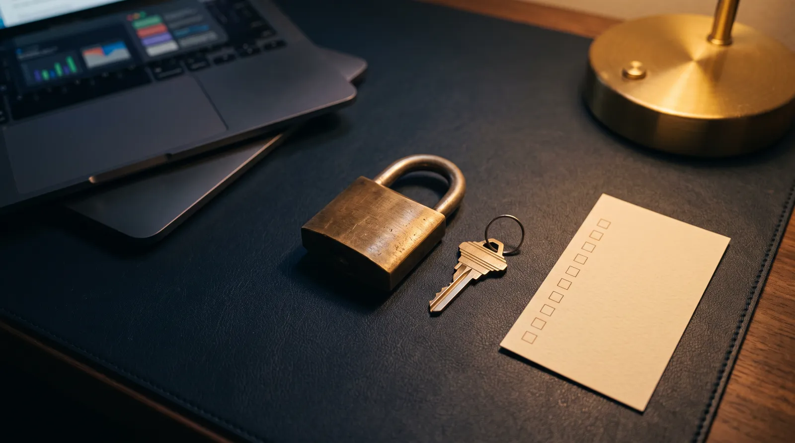 Brass padlock, hardware security key and a checklist card on a navy surface