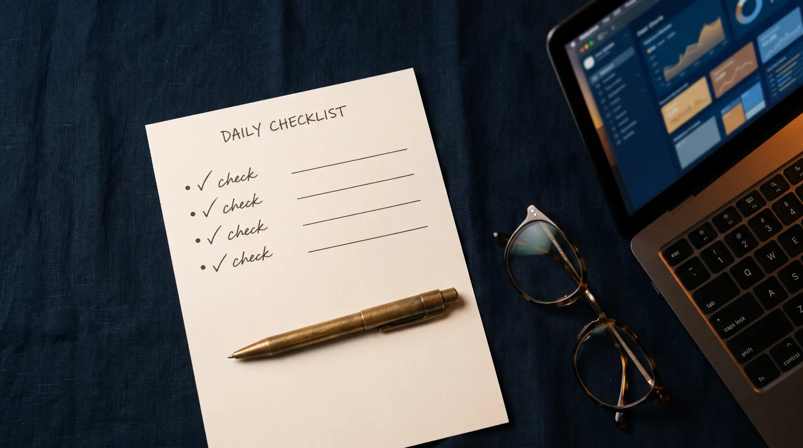 Printed checklist with tick marks, a pen and reading glasses on a navy surface