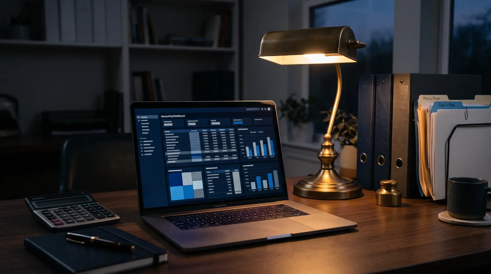 Tidy accountant’s desk with a laptop, calculator, fountain pen and stacked folders
