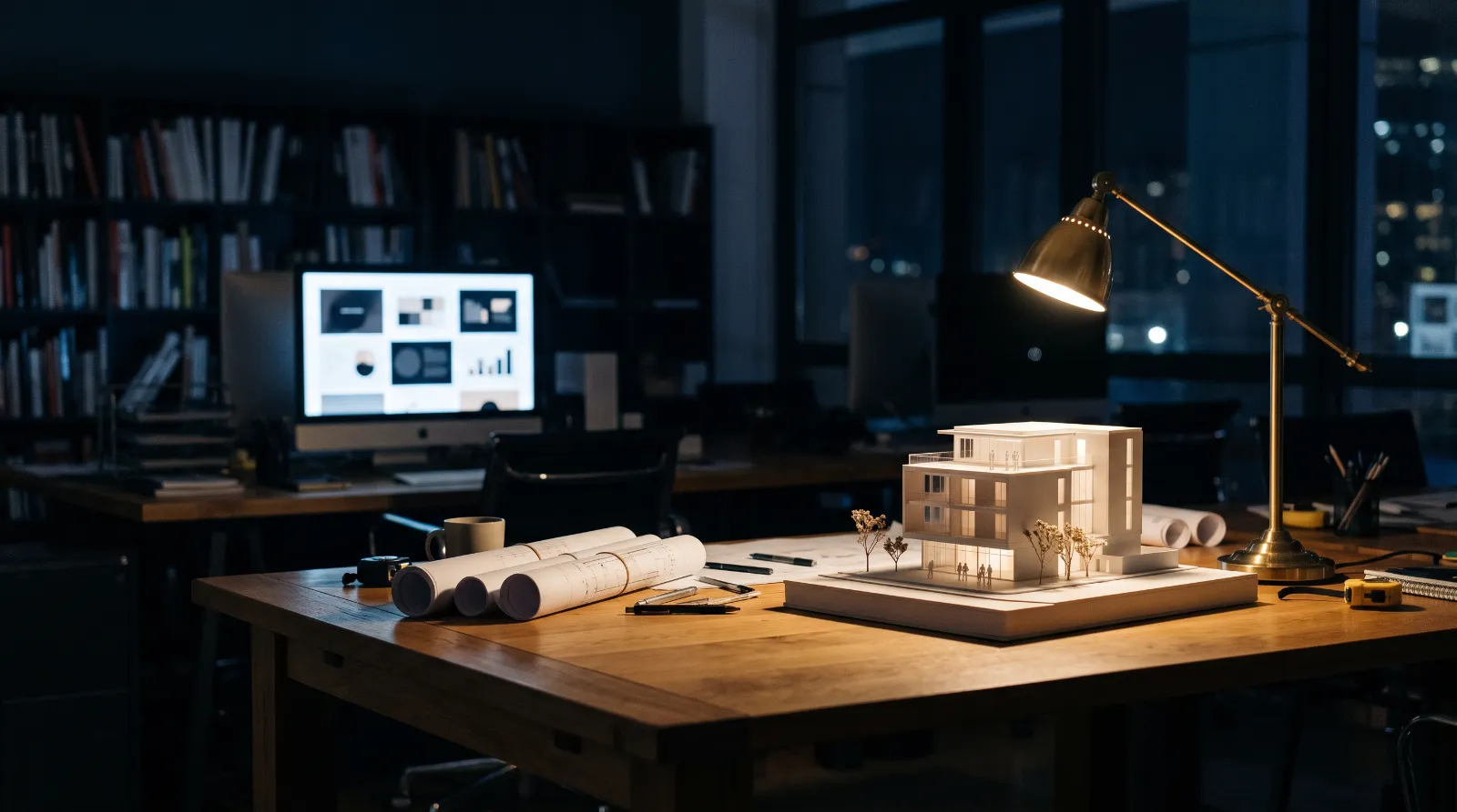 Architect’s studio at night with a white physical model and rolled drawings on a table
