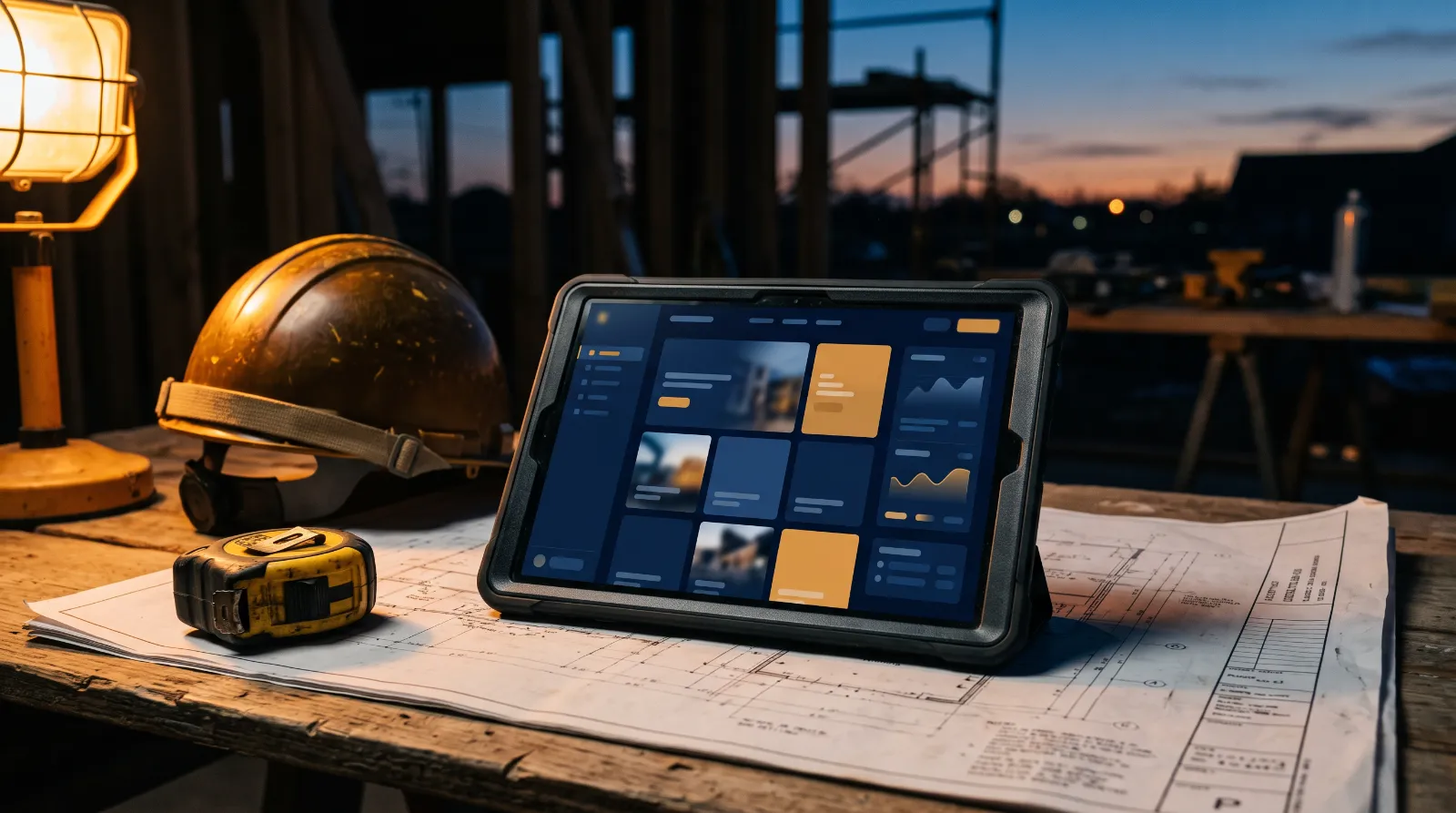 Tablet showing a contractor website resting on blueprints next to a hard hat and tape measure
