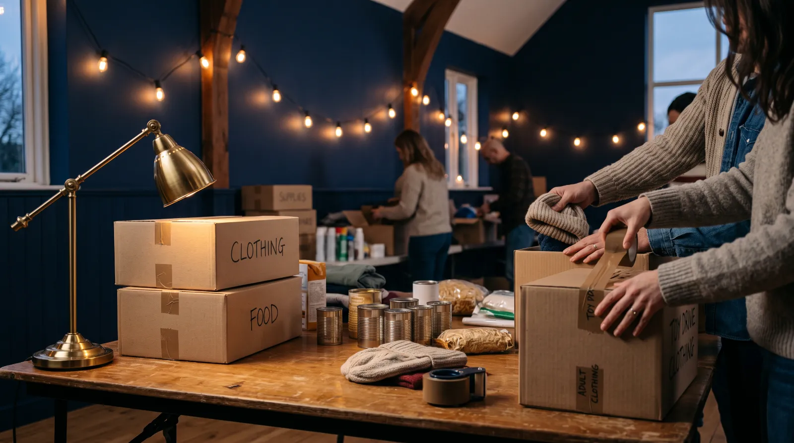Volunteers packing donation boxes on a long table under warm string lights