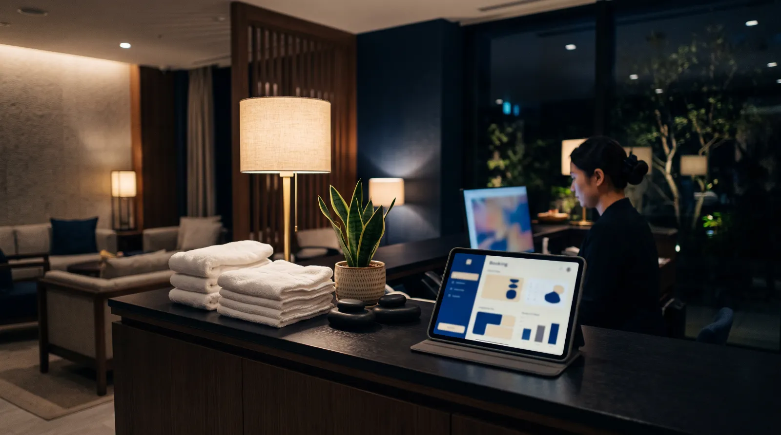Spa reception at evening with folded towels, smooth stones and a tablet showing a booking calendar