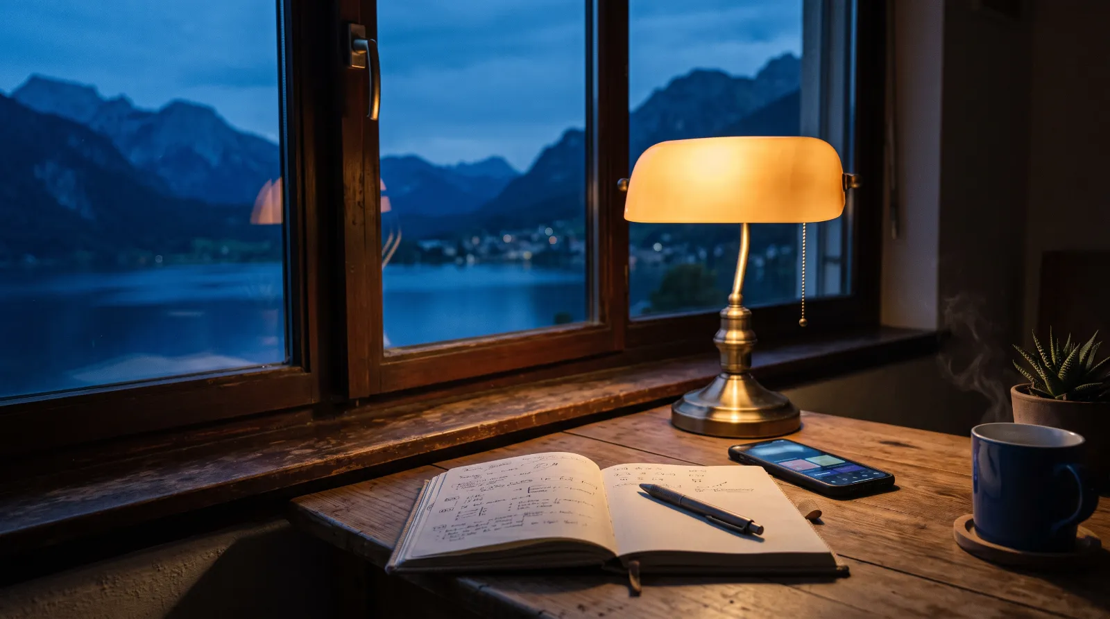 Desk by a window at dusk with a phone, notebook and warm lamp, mountains outside