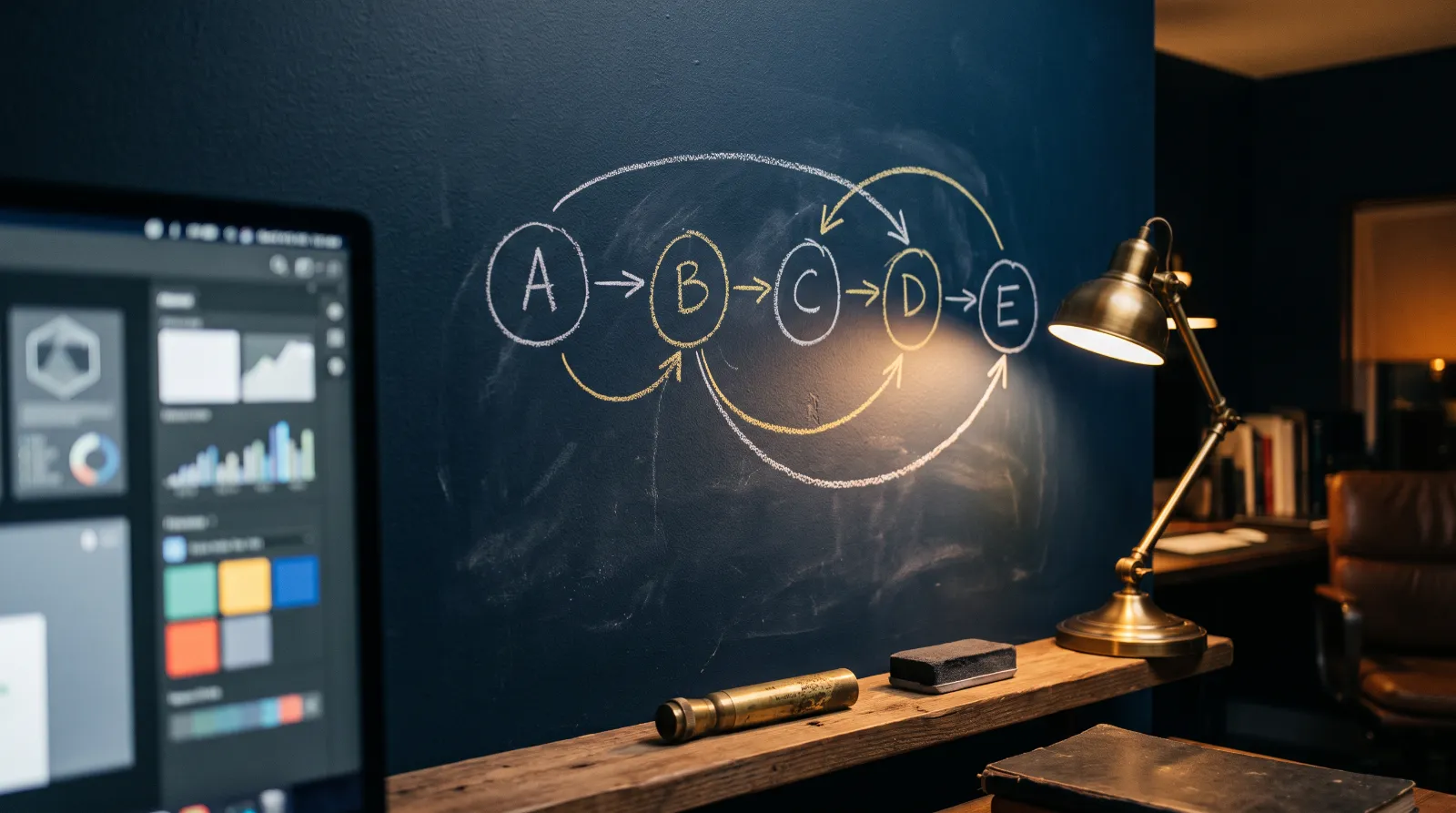 Whiteboard with a hand-drawn process of connected circles in a dim studio