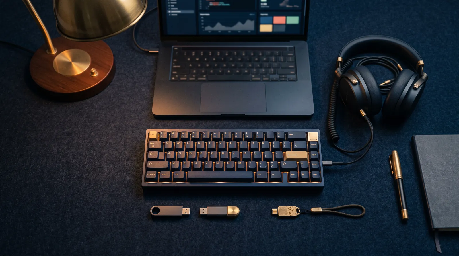 Developer’s kit laid out neatly on navy felt: laptop, keyboard, drives and headphones