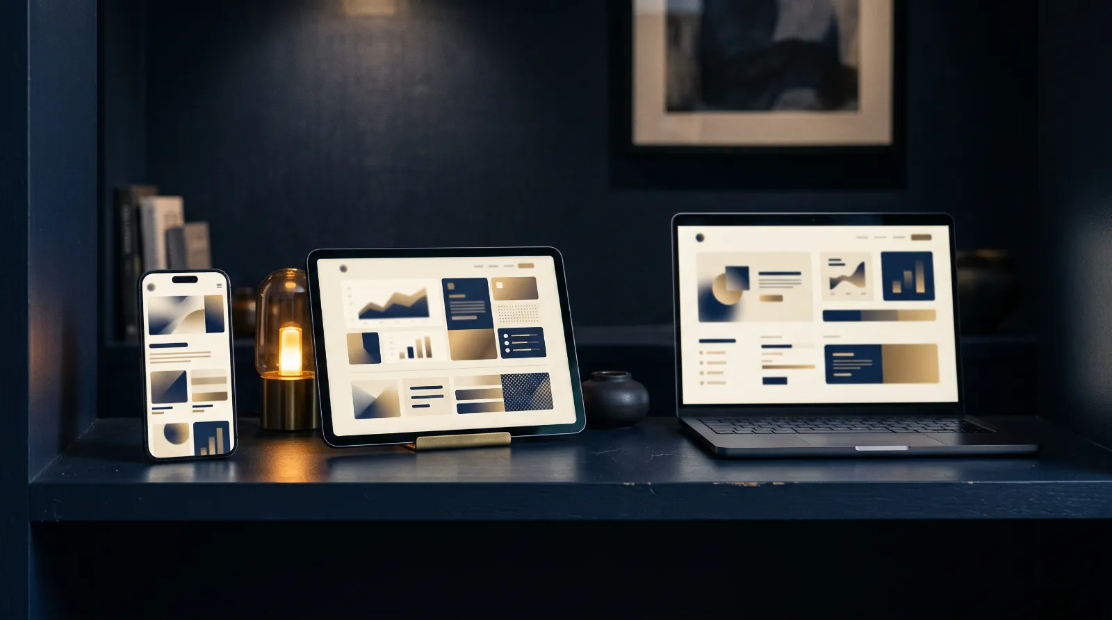 Phone, tablet and laptop on a shelf, each showing a different website layout