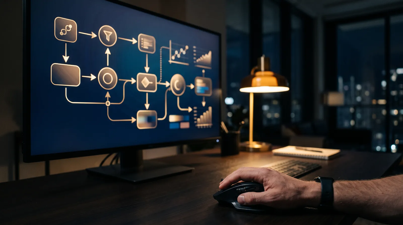 Monitor showing a workflow of connected nodes and arrows glowing on a dark canvas