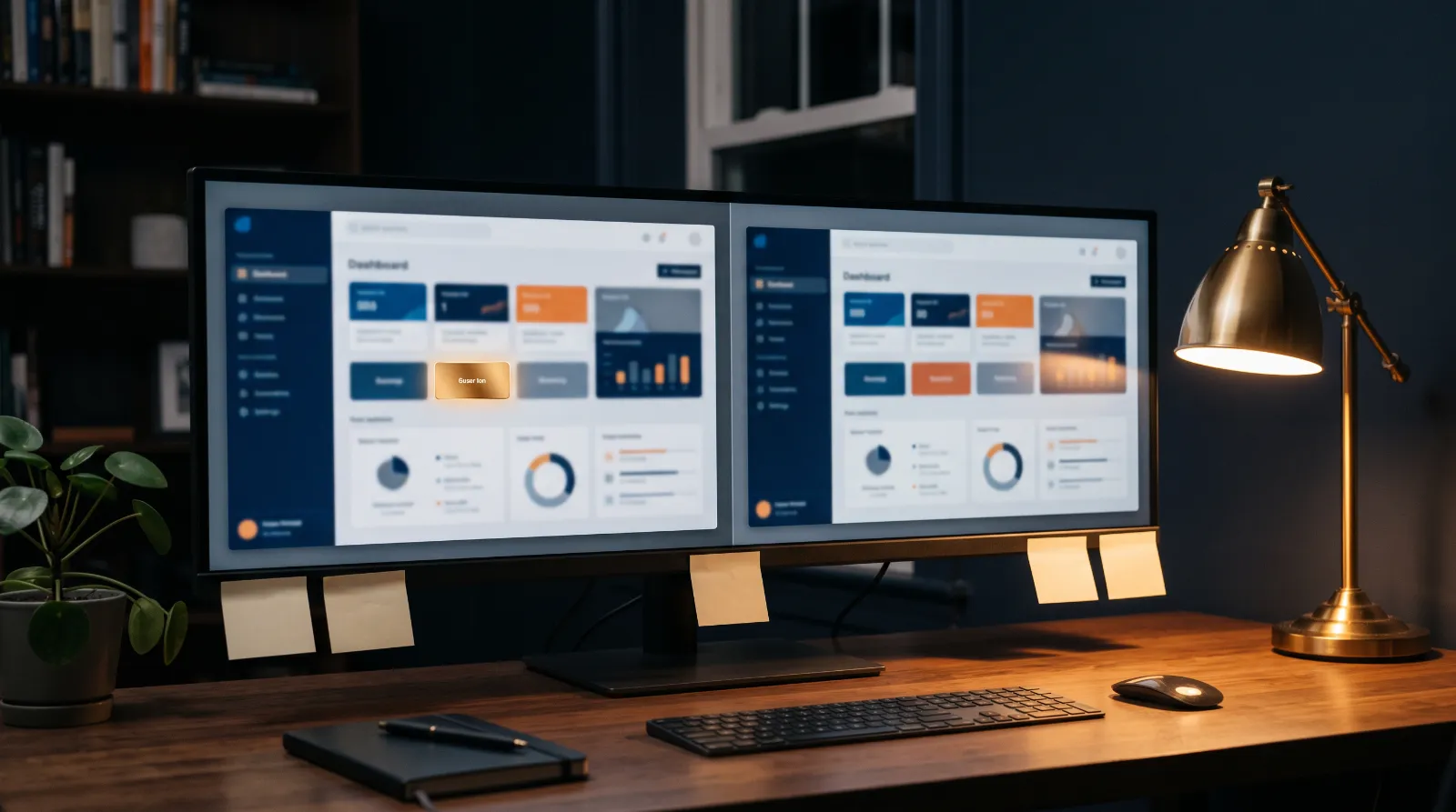 Monitor showing two versions of a web page side by side with one button highlighted