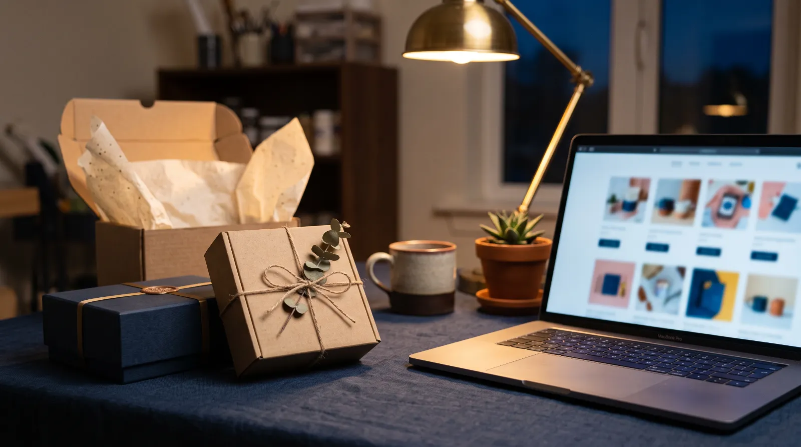 Packaging boxes and tissue paper beside a laptop showing an online store product grid
