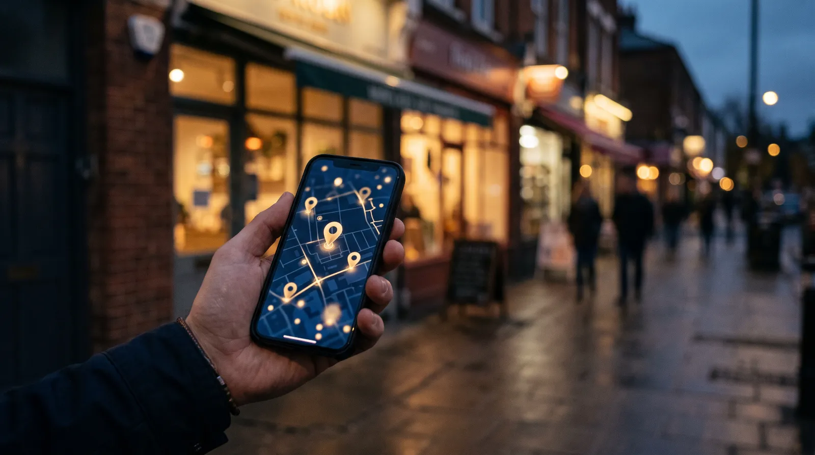 Hand holding a phone showing a map with glowing location pins on an evening street