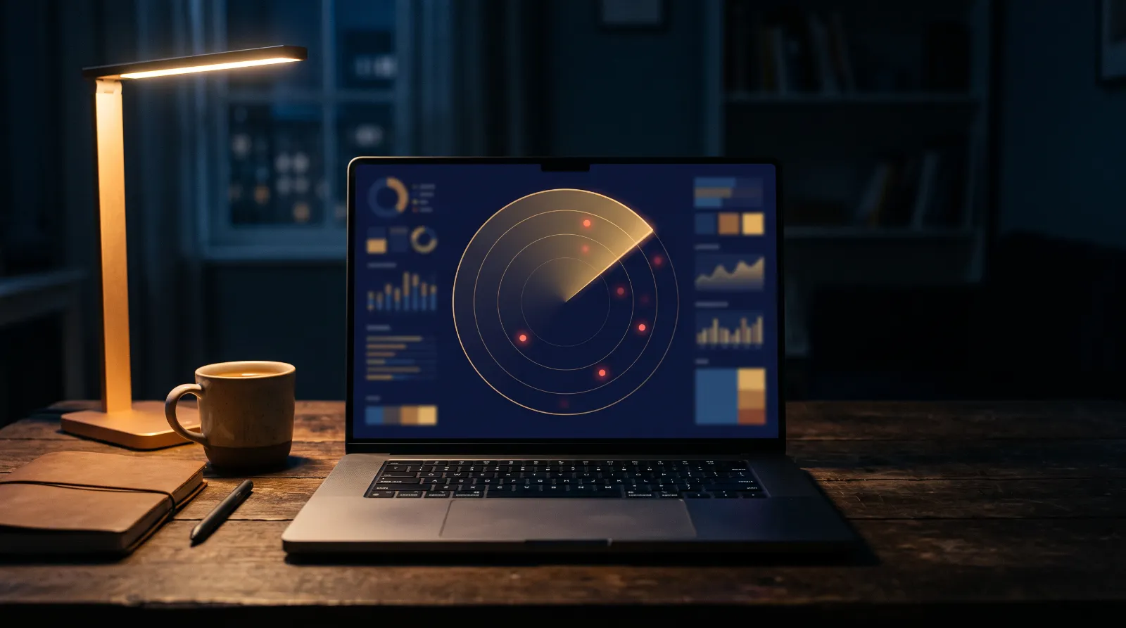 Laptop showing a scan in progress with a sweeping radar arc and red dots being cleared