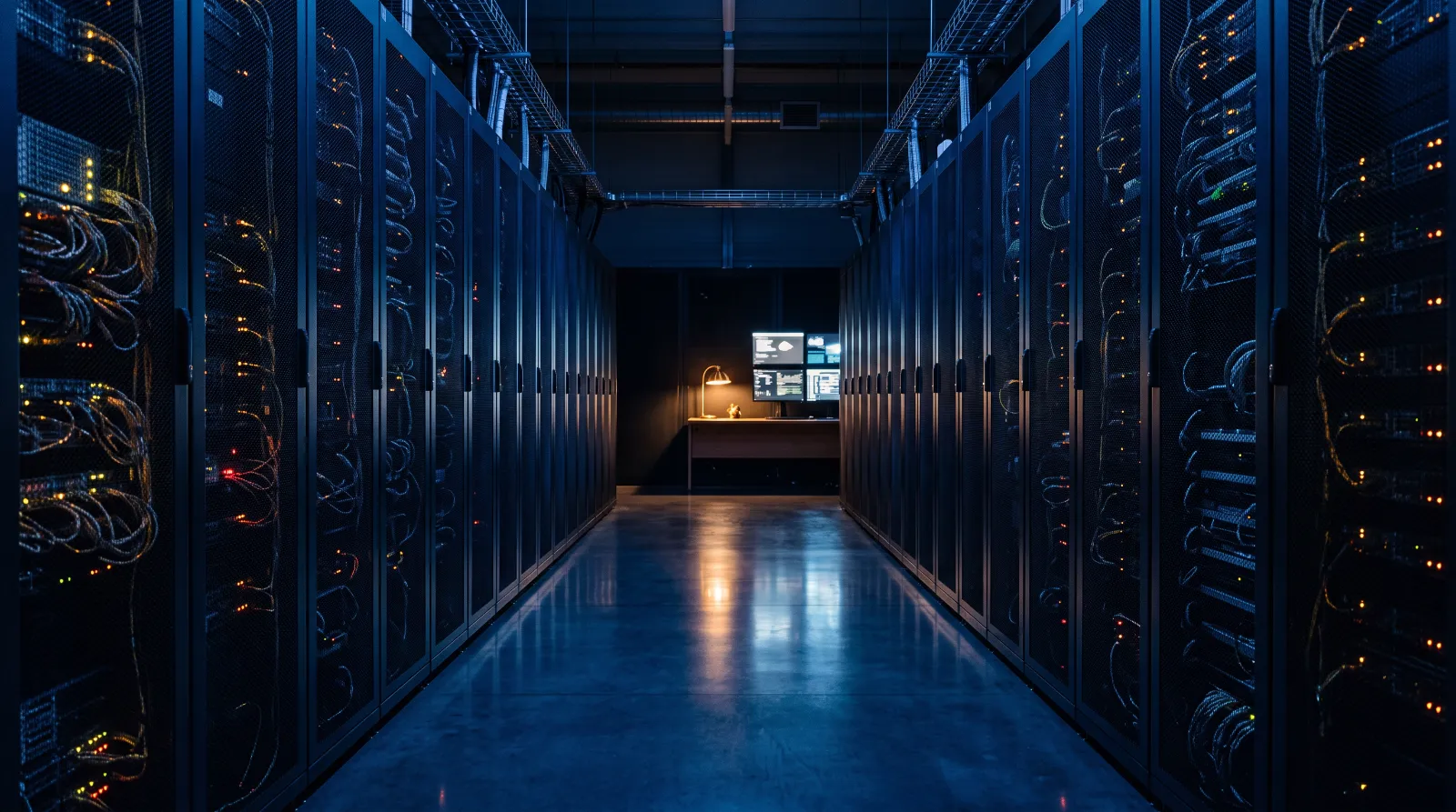 Data centre aisle of server racks in deep blue light with small amber status lights