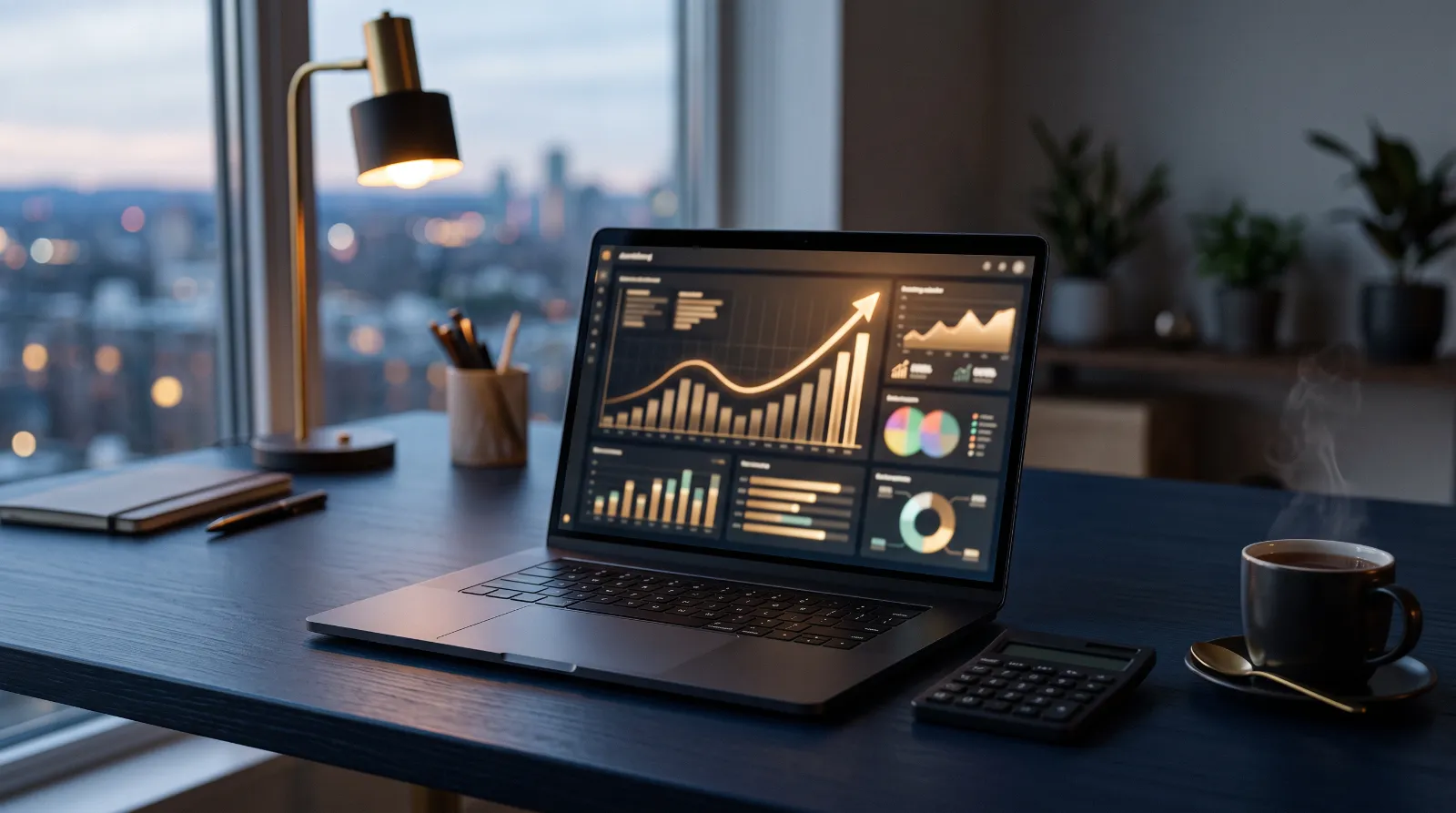 Laptop showing an advertising dashboard with bar graphs and a rising trend line