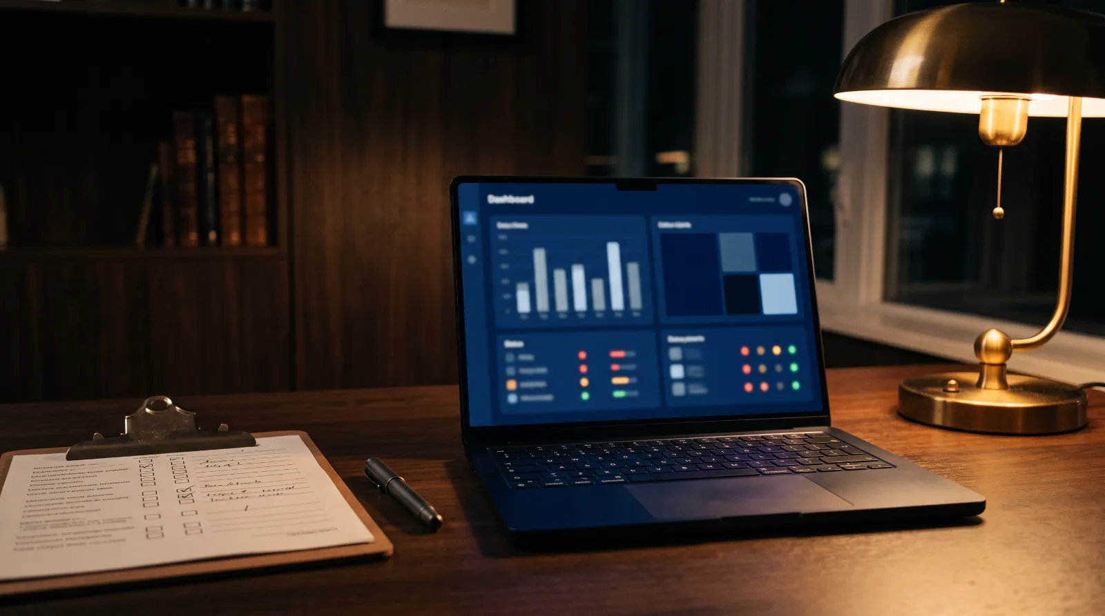 Clipboard with tick boxes beside a laptop showing a dashboard with coloured status dots