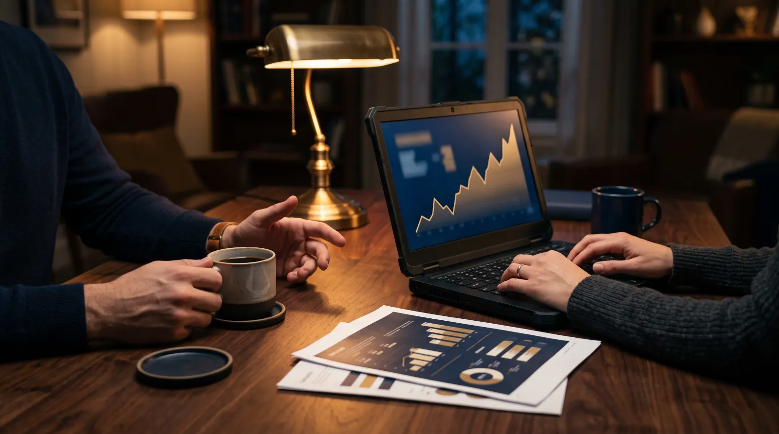 Two people at a wooden table with coffee and a laptop showing a rising line chart