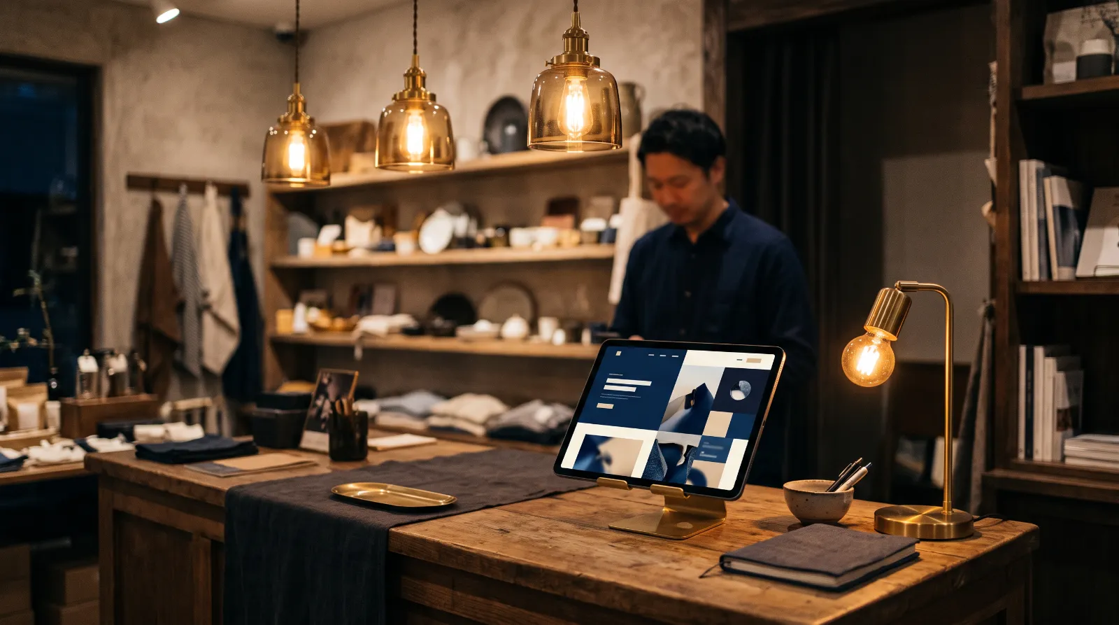 Tablet on a shop counter showing a modern small business website under warm evening lights
