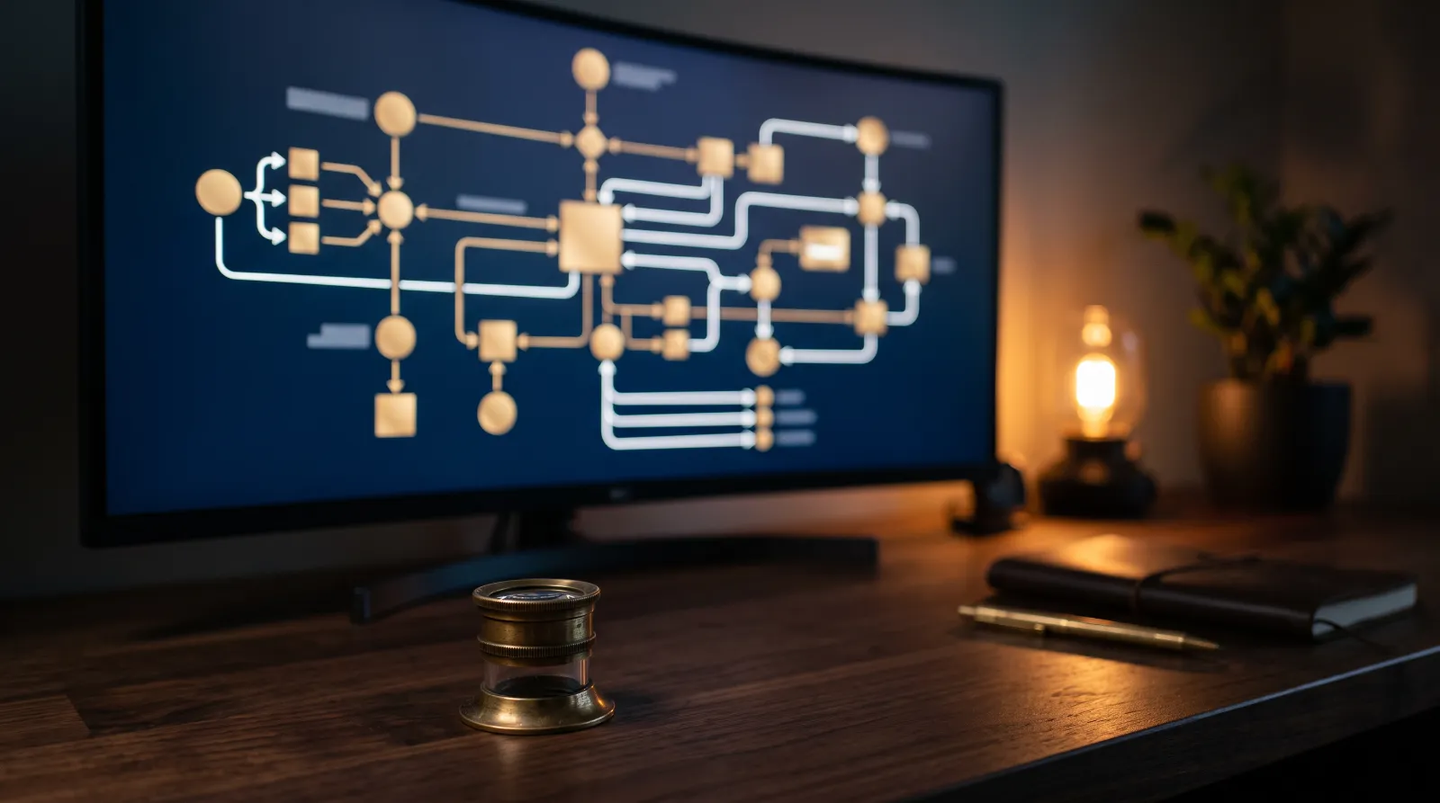 Monitor showing an abstract website architecture diagram with a magnifying loupe on the desk