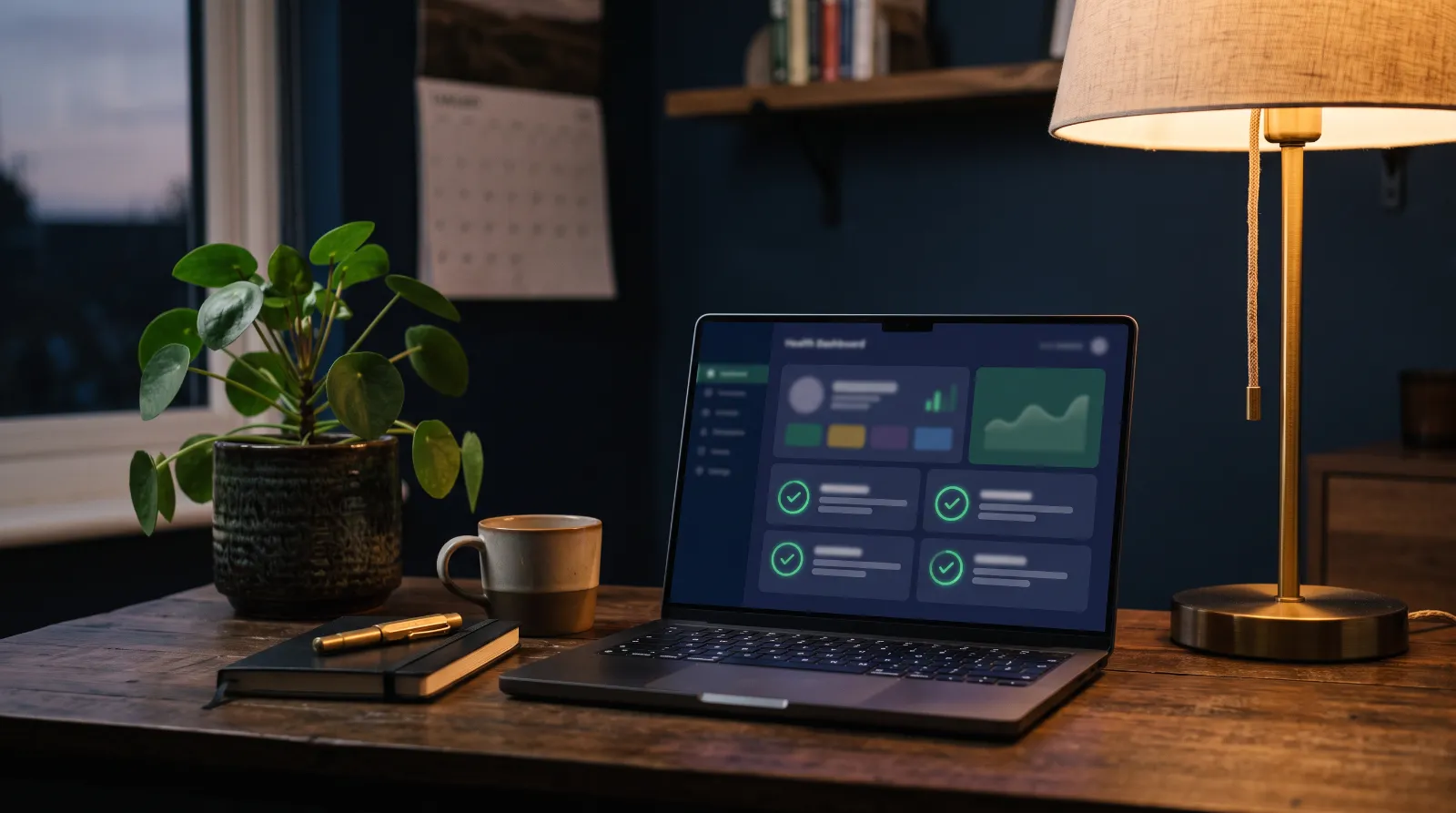 Calm home office with a laptop showing a health dashboard of green check marks