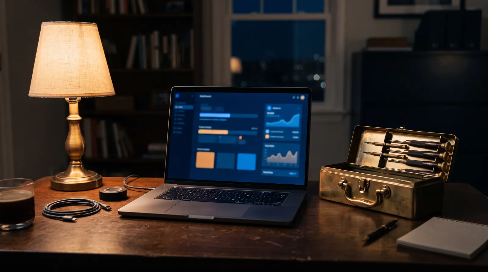 Workbench at night with a laptop showing progress bars, precision screwdrivers and a small toolbox