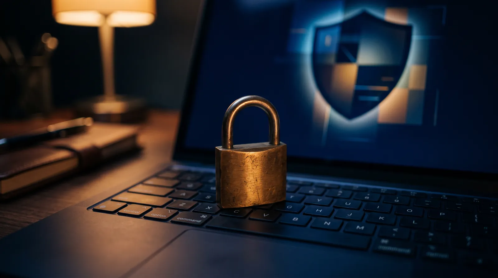 Brass padlock resting on a laptop keyboard with a glowing shield shape on screen