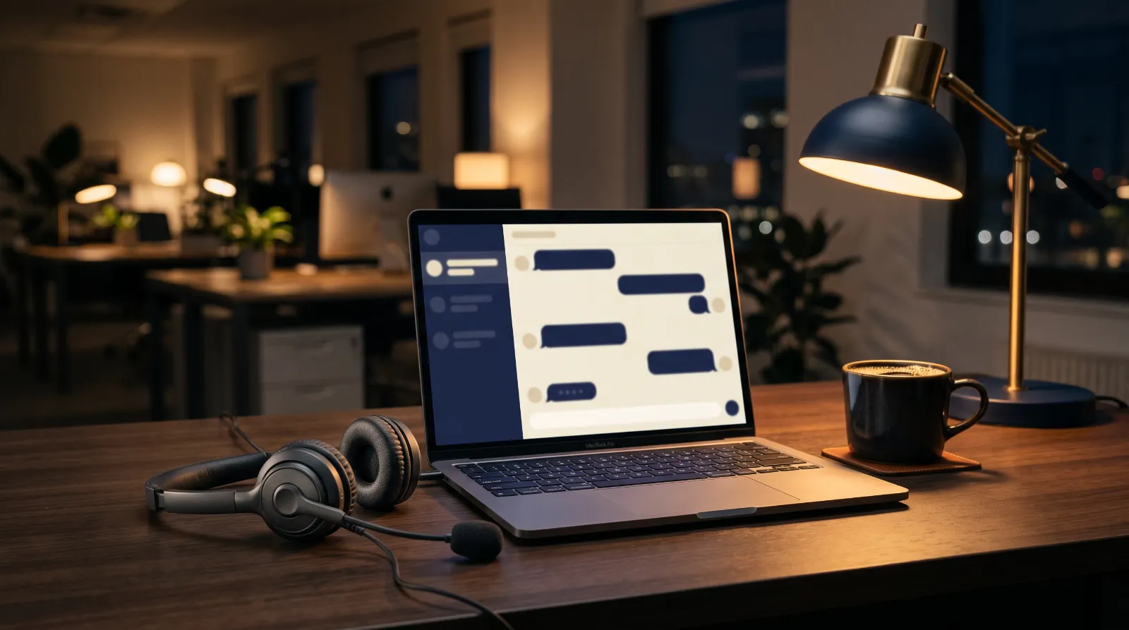 Headset beside a laptop showing a chat window, with a mug of coffee in warm light