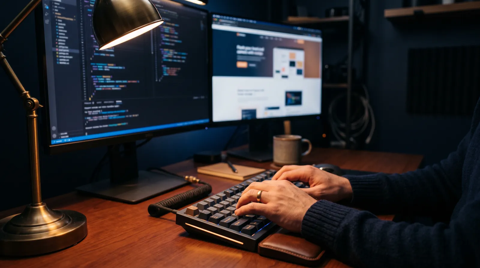 Hands typing on a keyboard in front of a code editor and a website preview in a dim room