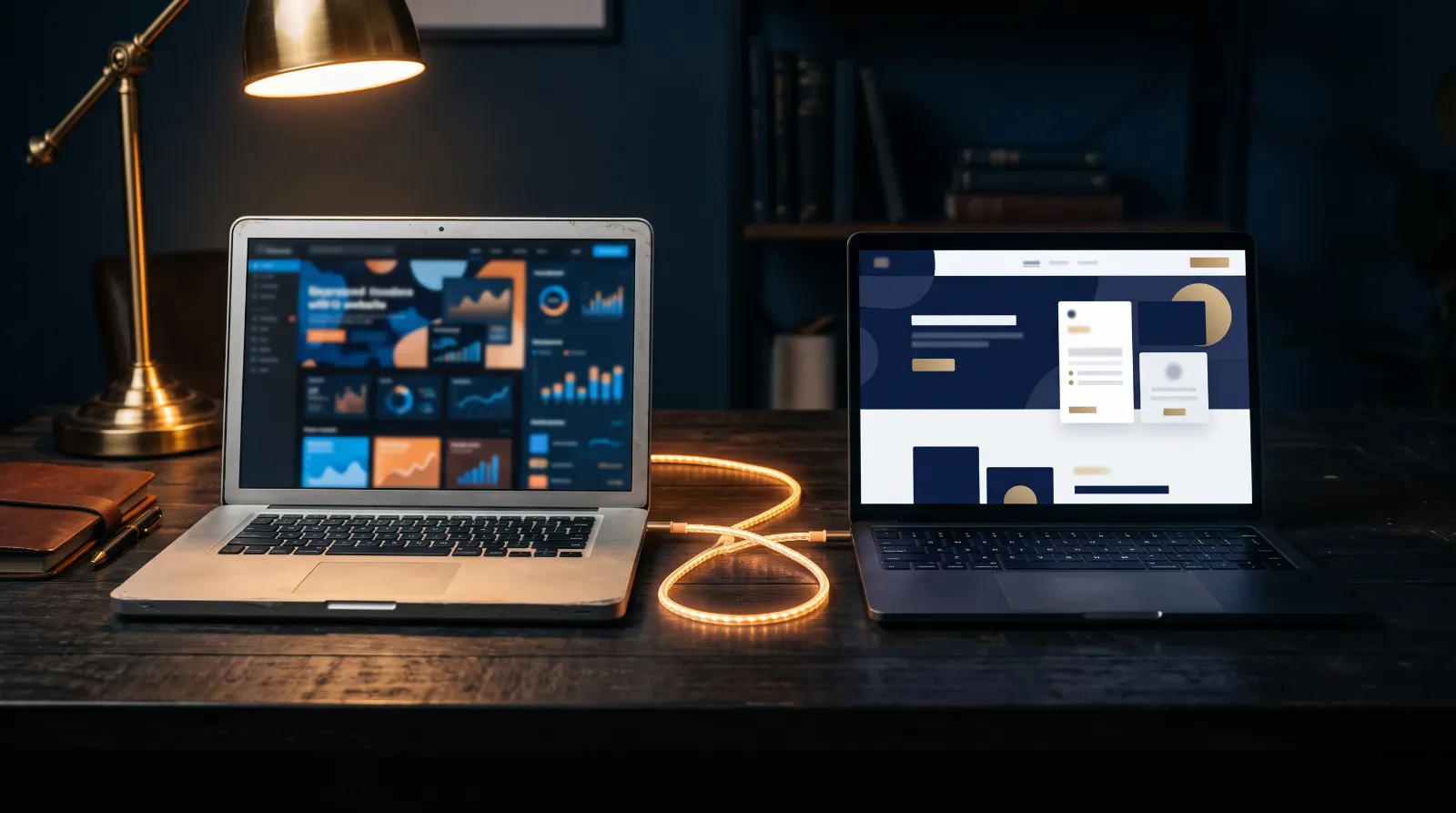 Two laptops on a desk connected by a glowing cable, one showing an old layout and the other a clean new one