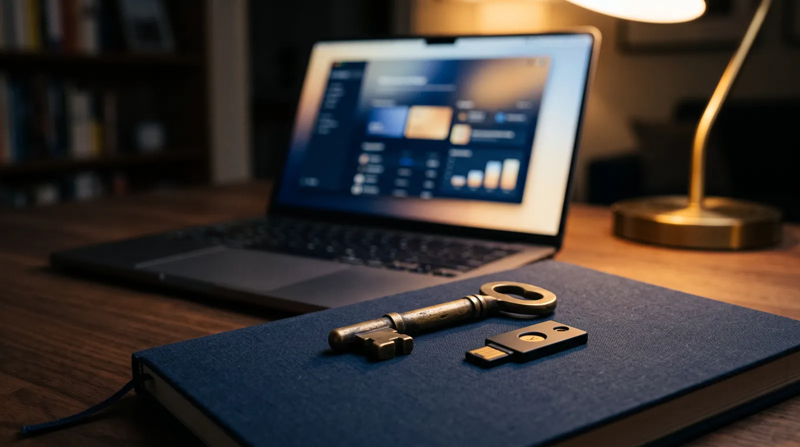 Brass key and a hardware security key on a notebook beside a laptop login screen
